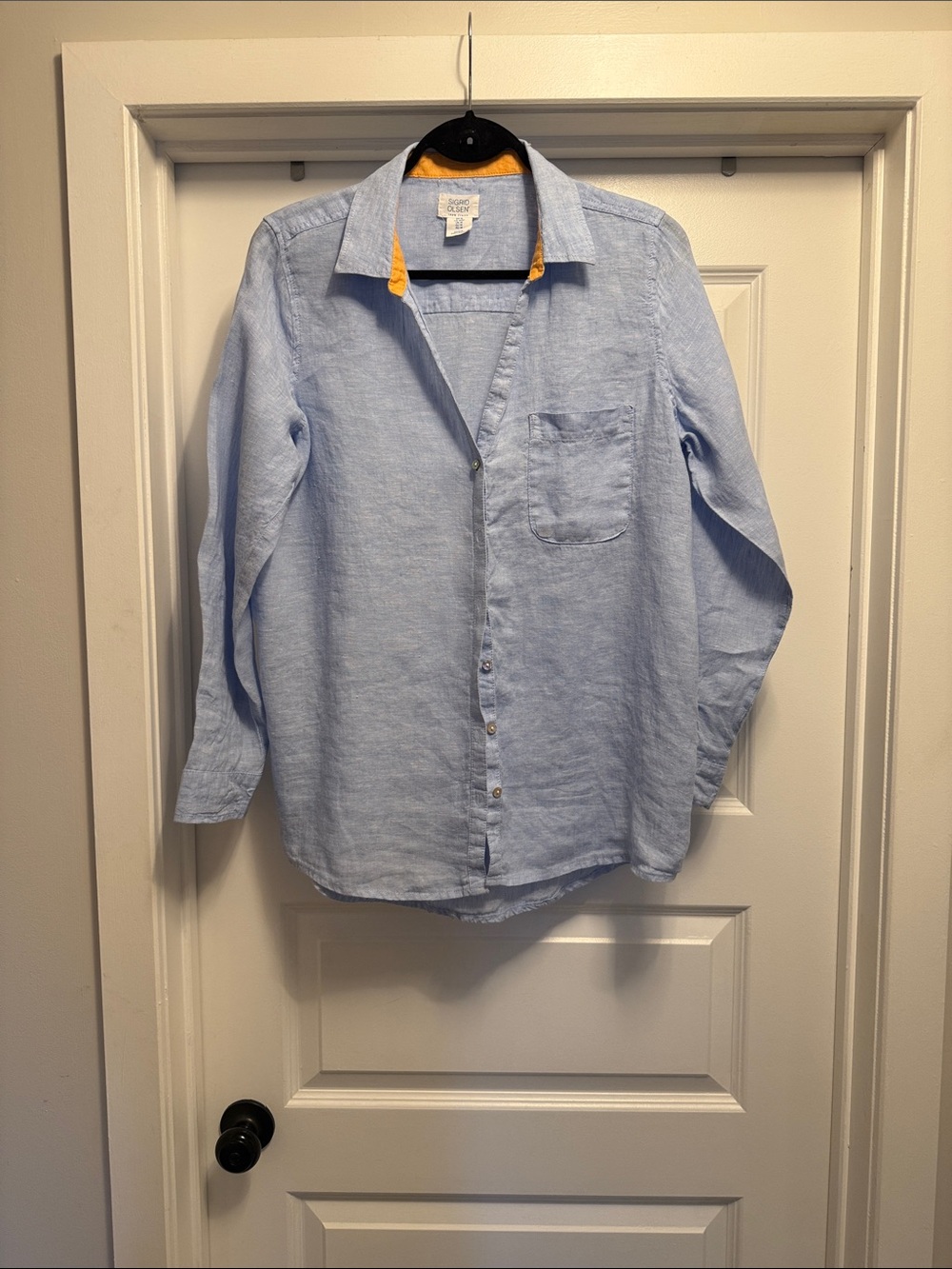 Sigrid Olsen Light Blue Linen  Button-Down Shirt with Contrast Trim